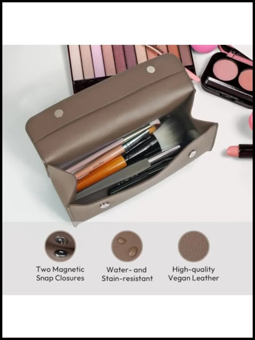 PU Leather Cosmetic Bag: Travel Toiletry Pouch Makeup Organizer Brush Holder